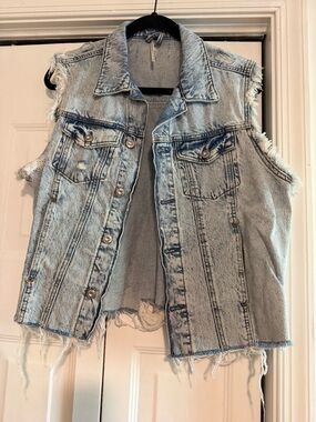 Free People Light Wash Distressed Denim Vest
